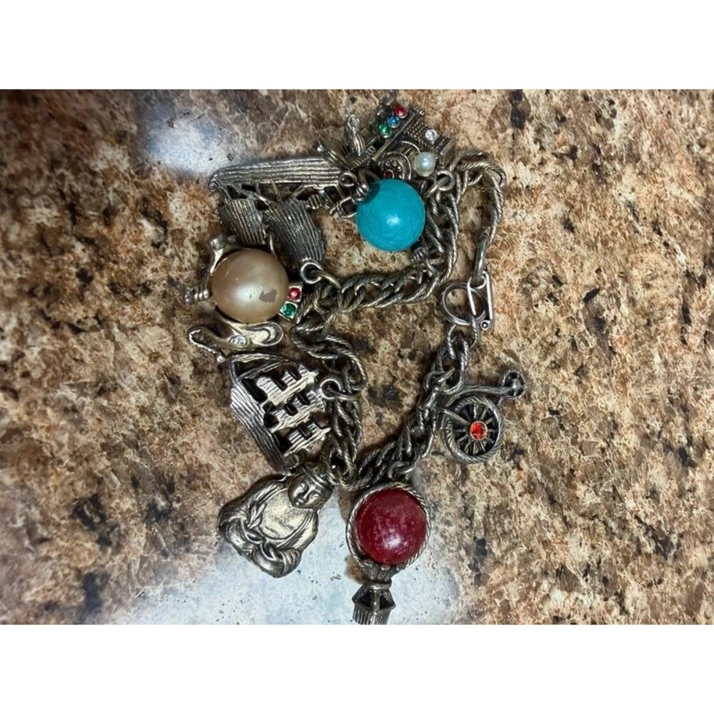 Vintage LERU Charm Bracelet Bicycle Ship Buddha Elephant Train Rhinestones